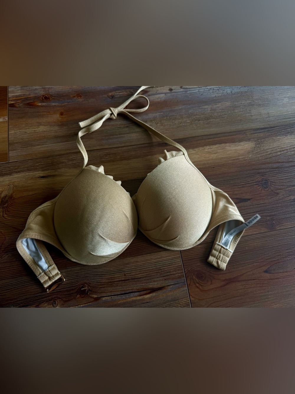 Victoria’s Secret metallic Gold Push-Up Bikini Top halter tie- Sexy. Festival